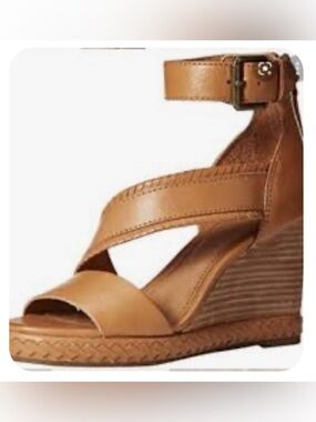 Frye Riviana Feather Wedge Leather Ankle Strap Sandals Tan 💖